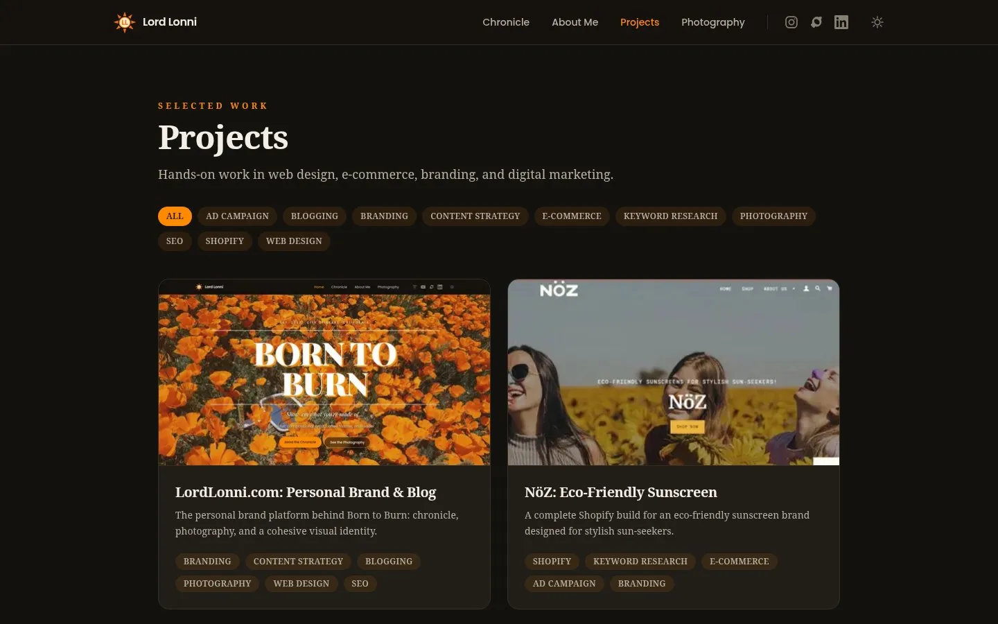 Projects grid with tag filtering on LordLonni.com